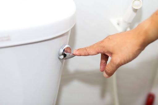 A close-up of a hand flushing a toilet.